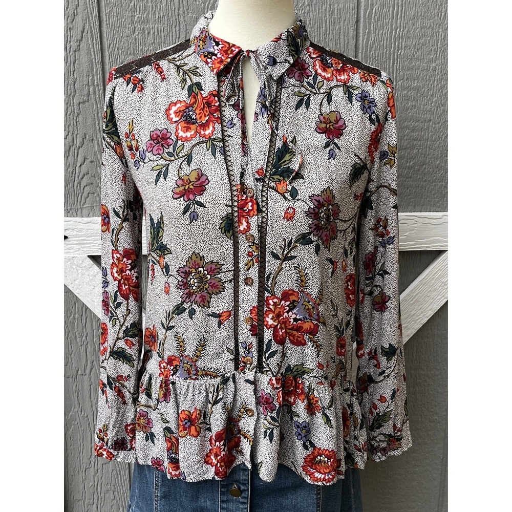 Maeve Anthropologie Janie Flounce Hem Button Up Polka Dot Floral Blouse Size 0 - Picture 3 of 11